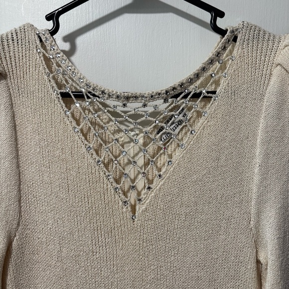 Vintage Pat Sandler for Wellmore Cream Rhinestone Knit Sweater Dress Stretch S M - Picture 2 of 9